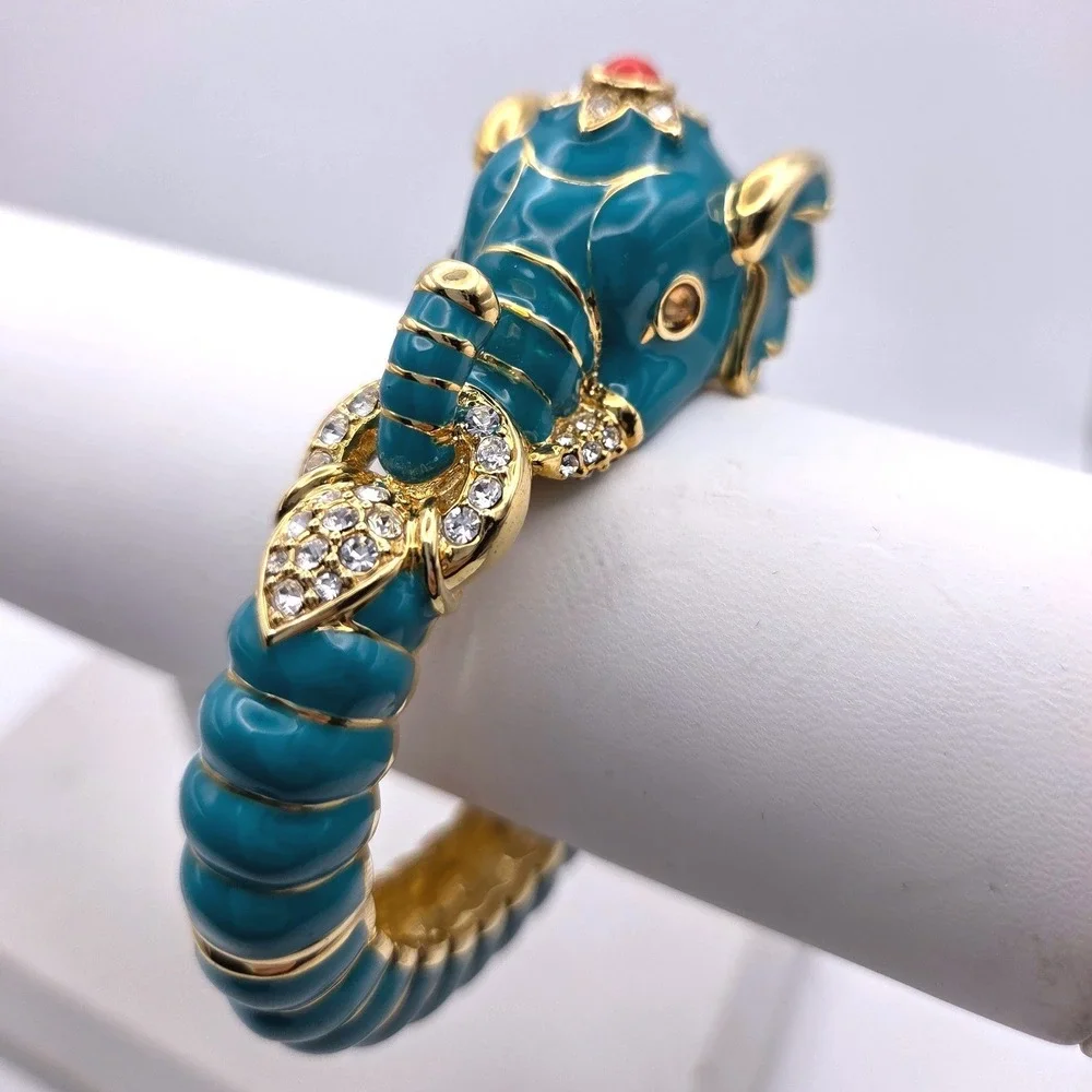 VTG Kenneth Jay Lane KJL Teal Enamel Elephant Hinge Bangle Bracelet Gold Tone - Picture 4 of 9